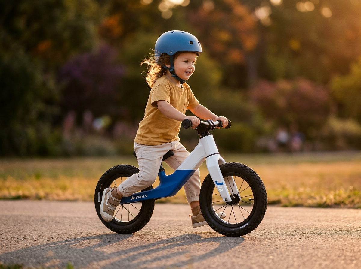 Child confidently riding the Jetman Air Pro outdoors at golden hour